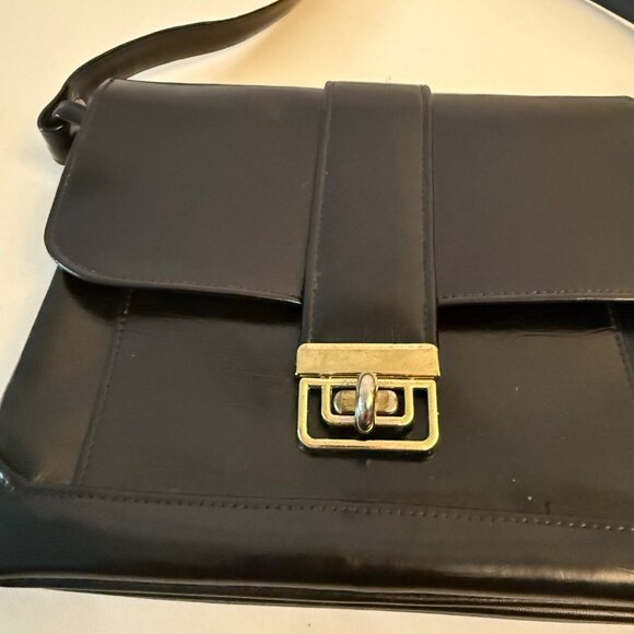 Sleek Black Leather Shoulder Bag VTG 60s Purse Twist Lock Compartments Satchel - Picture 15 of 16